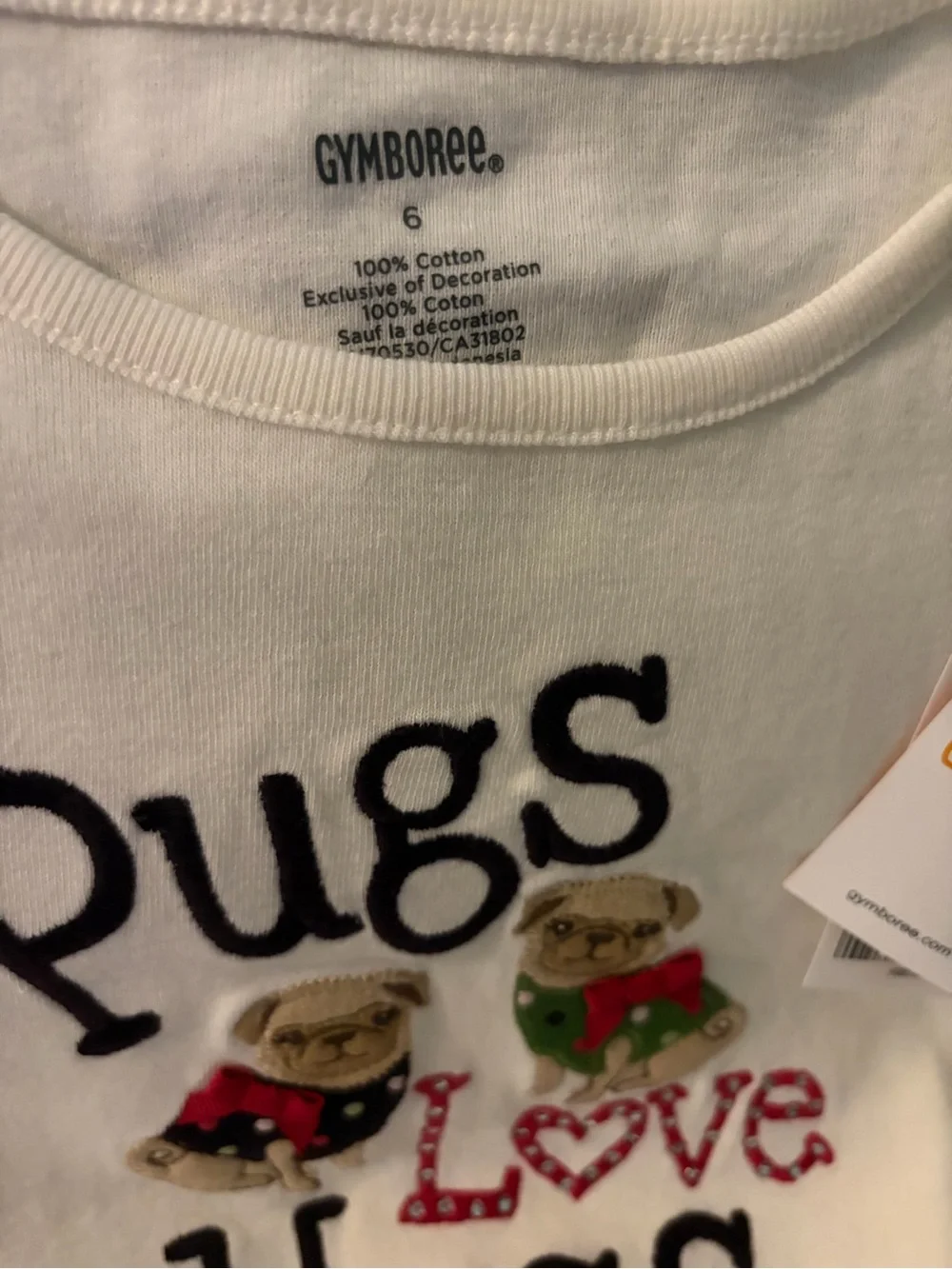 NWOT Gymboree White Long-Sleeve 'Pugs Love Hugs' Tee with Embroidered Pugs